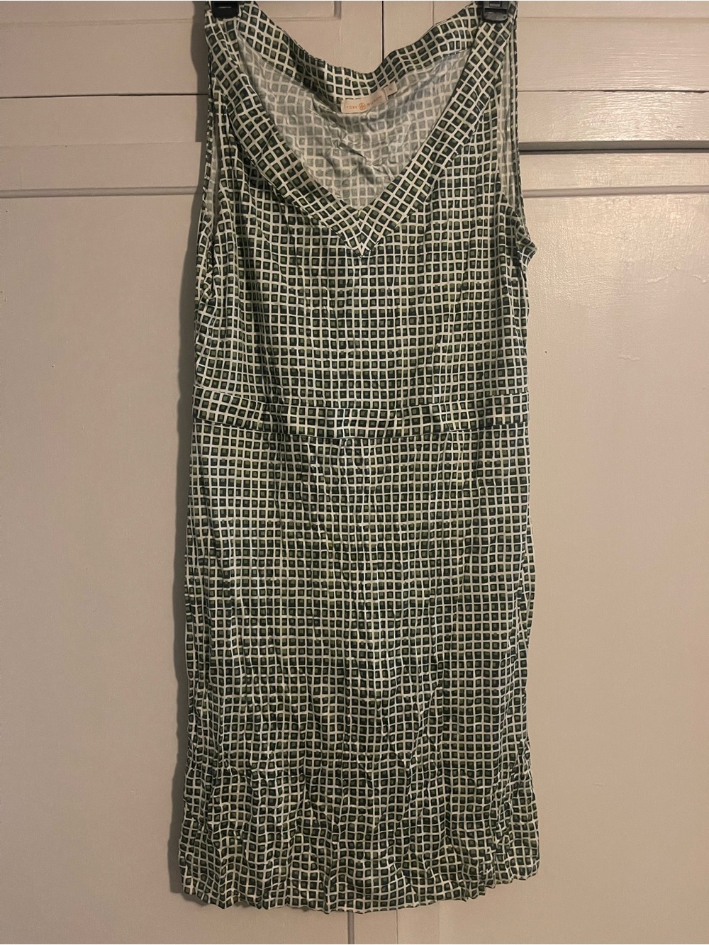 Tory Burch Green Grid V-Neck Shift Dress